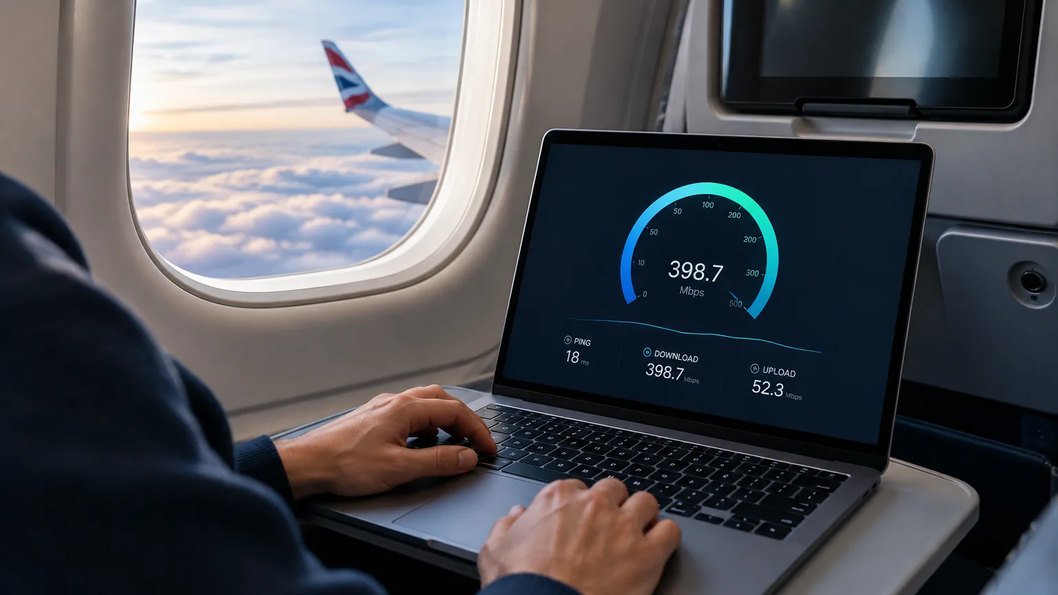 AI ilustrace k tématu: Airliner World: Na letu British Airways naměřili přes Starlink téměř 400 Mb/s