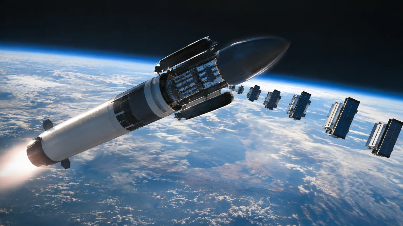 AI ilustrace k tématu: Podle Via Satellite Starship při Flight 14 poprvé dosáhl oběžné dráhy a vypustil 26 družic Starlink V3